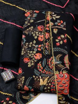 MEENA BAZAAR - Black Cotton Unstitched Top With Bottom & Dupatta