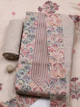 MEENA BAZAAR - Beige Cotton Unstitched Top With Bottom & Dupatta