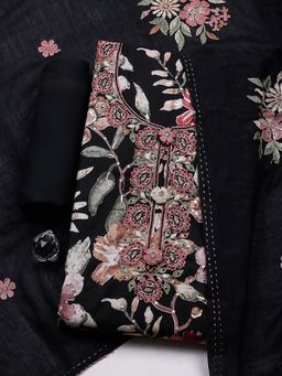 MEENA BAZAAR - Black Cotton Unstitched Top With Bottom & Dupatta