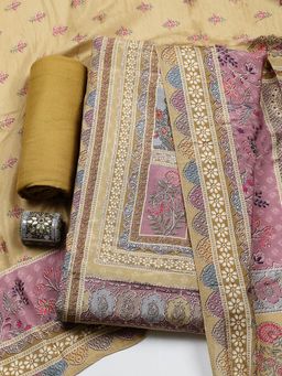 MEENA BAZAAR - Beige Muslin Unstitched Top With Bottom & Dupatta