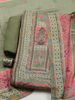 MEENA BAZAAR - Green Muslin Unstitched Top With Bottom & Dupatta