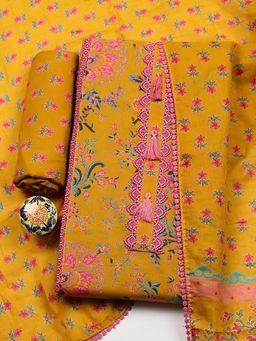 MEENA BAZAAR - Mustard Cotton Unstitched Top With Bottom & Dupatta