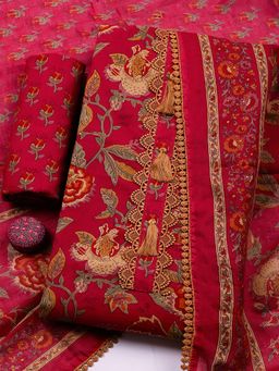MEENA BAZAAR - Pink Cotton Unstitched Top With Bottom & Dupatta