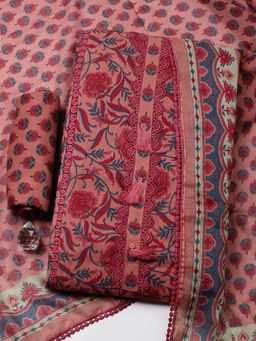 MEENA BAZAAR - Pink Cotton Unstitched Top With Bottom & Dupatta