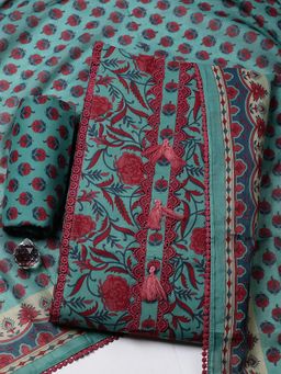 MEENA BAZAAR - Green Cotton Unstitched Top With Bottom & Dupatta
