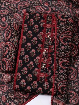 MEENA BAZAAR - Black Cotton Unstitched Top With Bottom & Dupatta