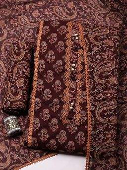 MEENA BAZAAR - Brown Cotton Unstitched Top With Bottom & Dupatta