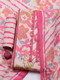 MEENA BAZAAR - Beige Cotton Unstitched Top With Bottom & Dupatta