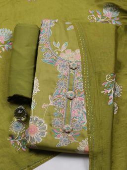 MEENA BAZAAR - Green Cotton Unstitched Top With Bottom & Dupatta