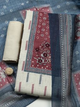 MEENA BAZAAR - Beige Cotton Unstitched Top With Bottom & Dupatta