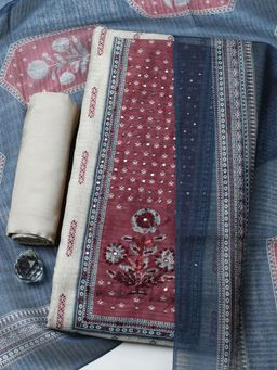 MEENA BAZAAR - Beige Cotton Unstitched Top With Bottom & Dupatta