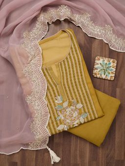 Koskii - Mustard Threadwork Georgette Unstitched Salwar Suit (Set of 3)