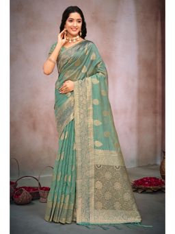 Sangam Prints - Sky Blue Organza Woven Zari Work Traditional Tassel Saree with Unstitched Blouse