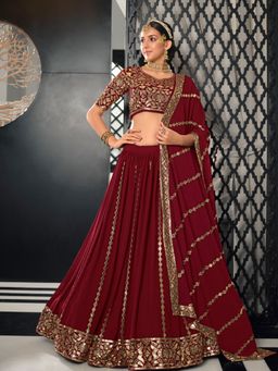 Odette - Festive Designer Maroon Semi Stitched Lehenga With Unstitched Blouse (Set of 3)