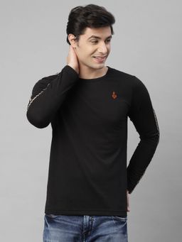 RIGO - Men Black With Contrast Tape Detailing Round Neck Cotton Full Sleeve T-shirt