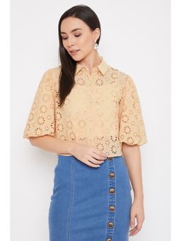 Madame - Beige Self Design Collar Neck Tops