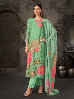 SPRAHA - Anahita Rama Green Muslin Handwork Printed Kurta with Pant and Dupatta (Set of 3)