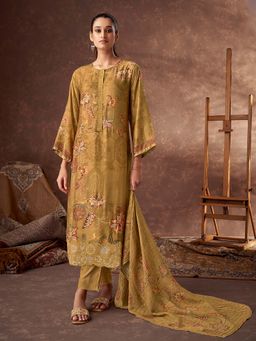 SPRAHA - Anisha Mustard Muslin Embroidered Kurta with Pant and Dupatta (Set of 3)