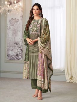 SPRAHA - Anvesha Mehendi Green Muslin Printed Kurta with Pant and Dupatta (Set of 3)