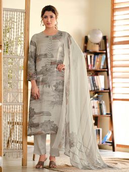 SPRAHA - Asmita Grey Muslin Printed Kurta with Pant and Dupatta (Set of 3)
