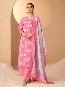 SPRAHA - Indu Pink Embroidered Printed Kurta with Palazzo and Dupatta (Set of 3)