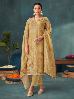 SPRAHA - Iqra Metallic Yellow Embroidered Printed Kurta with Pant and Dupatta (Set of 3)
