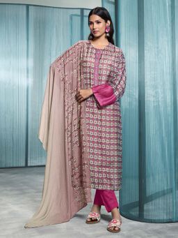SPRAHA - Janvi Pink Muslin Embroidered Printed Kurta with Pant and Dupatta (Set of 3)