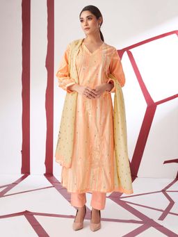 SPRAHA - Kshitij Orange Embroidered Printed Kurta with Pant and Dupatta (Set of 3)