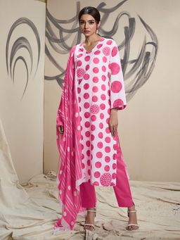 SPRAHA - Ruhi Pink Polka Dot Kurta with Pant and Dupatta (Set of 3)