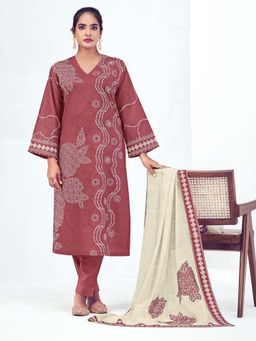 SPRAHA - Vrinda Dark Rust Cotton Printed Kurta with Pant and Dupatta (Set of 3)