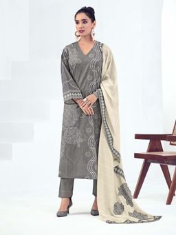SPRAHA - Vrinda Grey Cotton Printed Kurta with Pant and Dupatta (Set of 3)