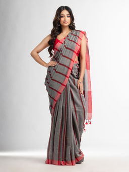 Angoshobha - Grey All Body Red Strip Moklin Red Border Handwoven Maslight Saree with Unstitched Blouse