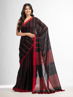 Angoshobha - Black All Body Red Strip Moklin Red Border Maslight Saree with Unstitched Blouse