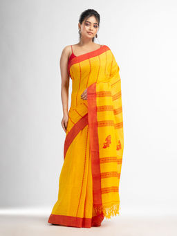 Angoshobha - Yellow All Body Small Fish Design with Solid Border Saree with Unstitched Blouse