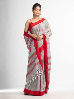 Angoshobha - Grey All Body Small Fish Design with Solid Border Handwoven Saree with Unstitched Blouse