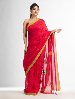 Angoshobha - Red Green All Body Buti with Buti In Green Border Handwoven Saree with Unstitched Blouse