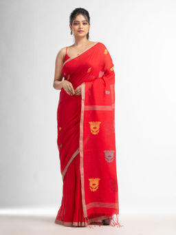 Angoshobha - Red All Body Buti with Buti In Silver Border Handwoven Saree with Unstitched Blouse