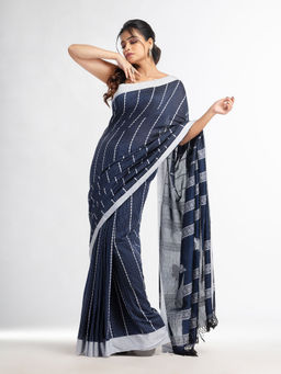 Angoshobha - Navy Blue All Body Small Fish Design with Solid Border Saree with Unstitched Blouse