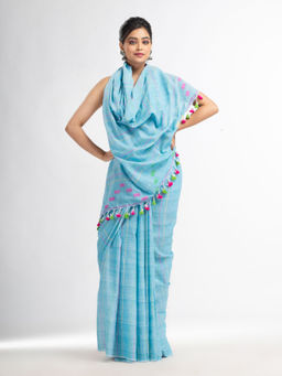 Angoshobha - Sky Blue Handwoven Jamdani Handloom Saree with Unstitched Blouse