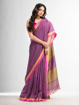 Angoshobha - Lip gloss Pink In Multi-Color Border Handwoven Saree with Unstitched Blouse