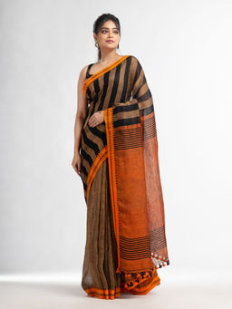Angoshobha - Sunset Brown All Body Stripe with Pallu In Jacquard Border Saree with Unstitched Blouse
