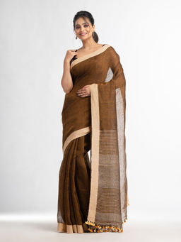 Angoshobha - Brown with Multi Pallu In Solid Border Handwoven Saree with Unstitched Blouse