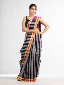 Angoshobha - Grey Black All Body Stripe with Pink Pallu In Multi Border Saree with Unstitched Blouse