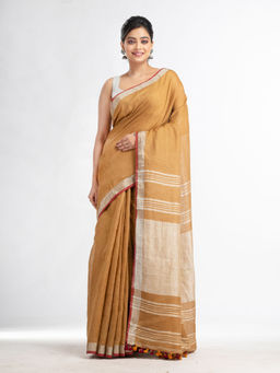 Angoshobha - Orange with Silver Pallu In Silver Border Handwoven Saree with Unstitched Blouse
