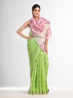 Angoshobha - Green Pink and Half Zari Check with Silver Pallu In Border Saree with Unstitched Blouse