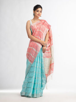 Angoshobha - Sky Blue and Half Zari Check with Silver Pallu In Border Saree with Unstitched Blouse