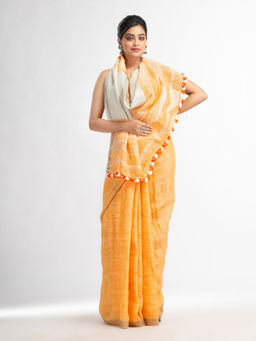 Angoshobha - Orange with Silver Pallu In Silver Border Handwoven Saree with Unstitched Blouse