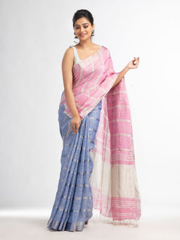 Angoshobha - Lavender and Half Zari Check with Silver Pallu In Border Saree with Unstitched Blouse