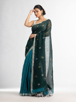 Angoshobha - Teal Green and Half with Ball Buti Pallu In Silver Border Saree with Unstitched Blouse