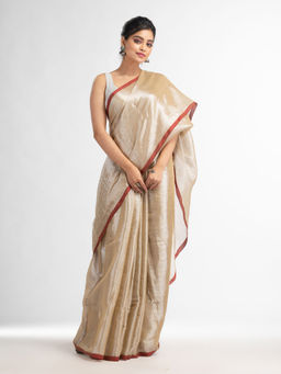 Angoshobha - Beige Tissue Solid Half Inch Border Saree with Unstitched Blouse